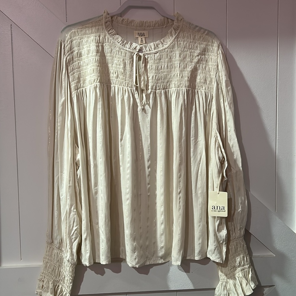 Romantic Boho Style Flowy Cream Metallic Stripe Smocked Peasant Blouse XL NWT